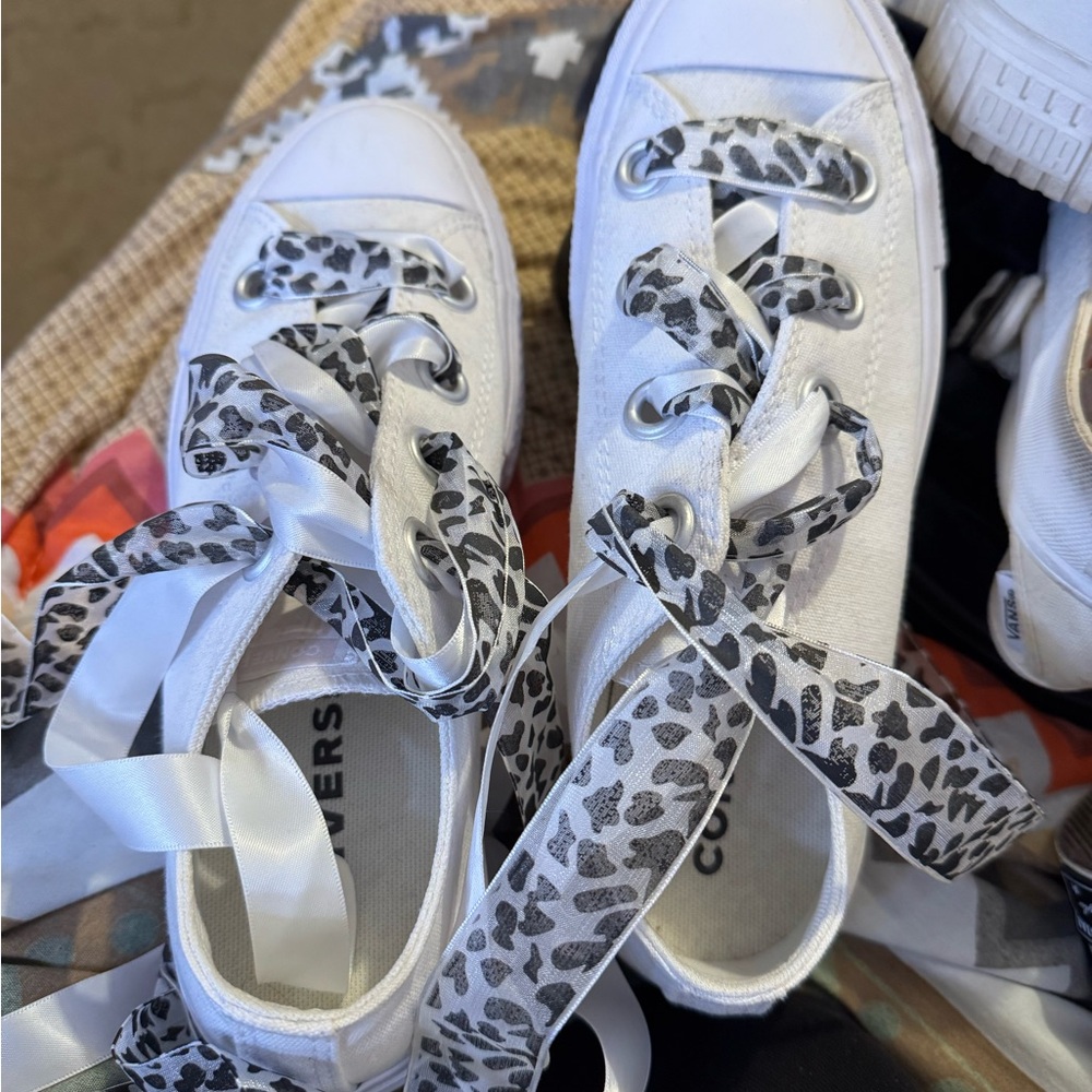 Converse Women's White Sneakers with Leopard Print Laces